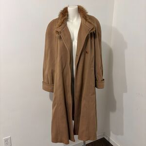 Vintage Portrait size 12 Made in USA Wool Nylon Camel Brown Fur Trim Trench Coat